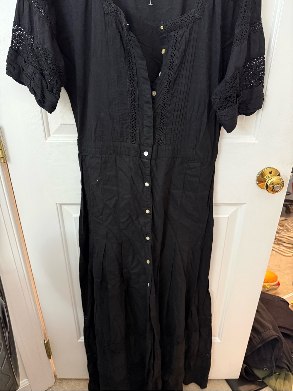 LoveShackFancy Black Button-Front Lace-Trim Maxi Dress